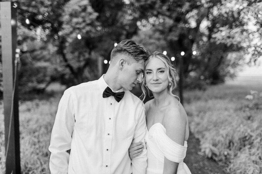 bride and groom black and white portrait