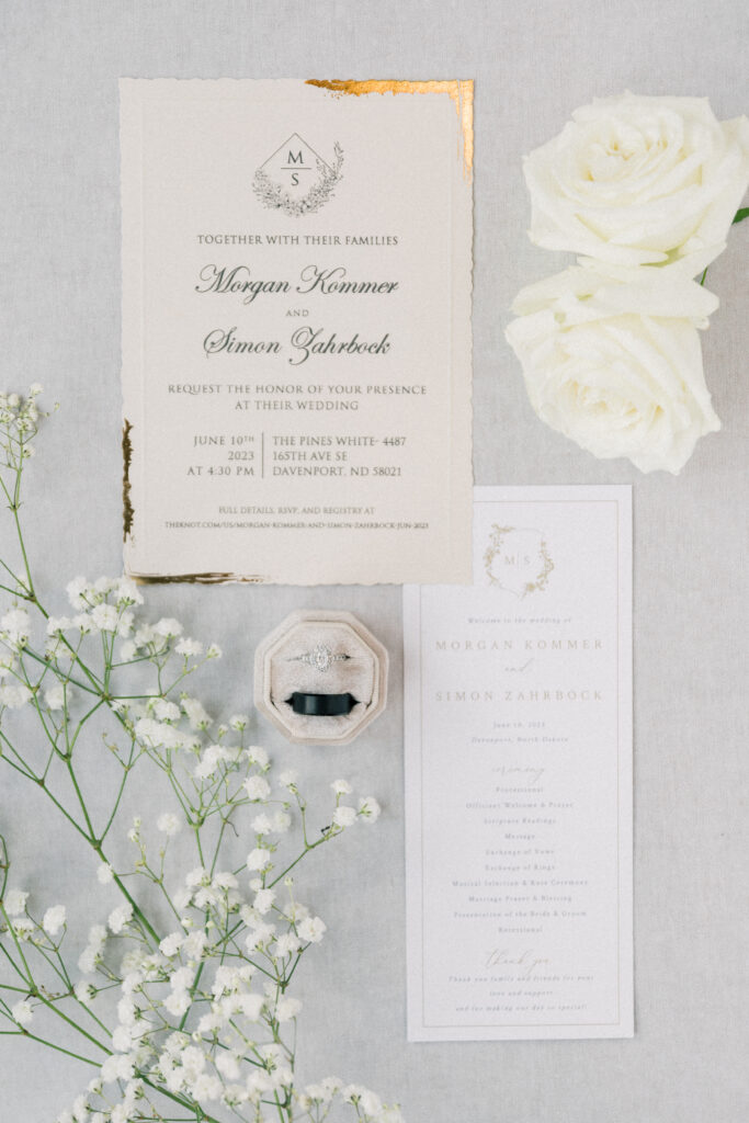 wedding details flat lay photo of the invitations and rings 