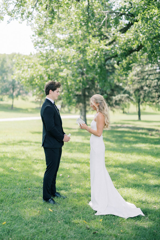 Bride and groom first look, private vows