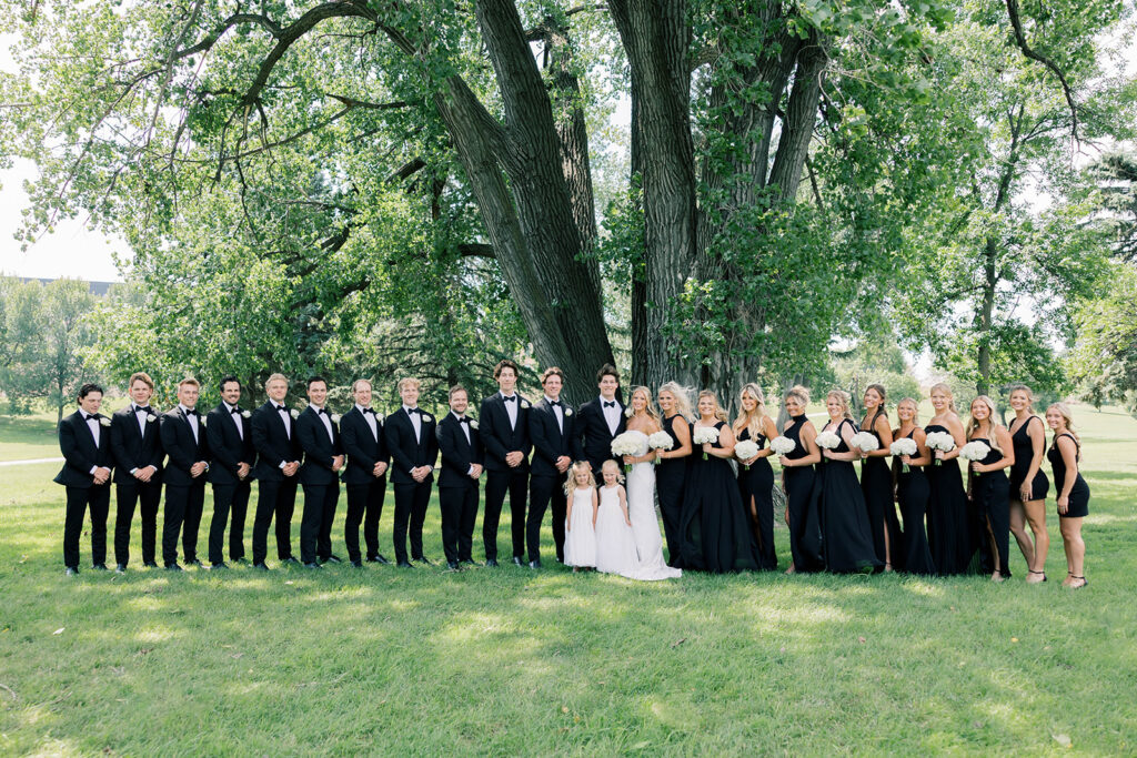 Bride and groom + wedding party, black and white wedding colors