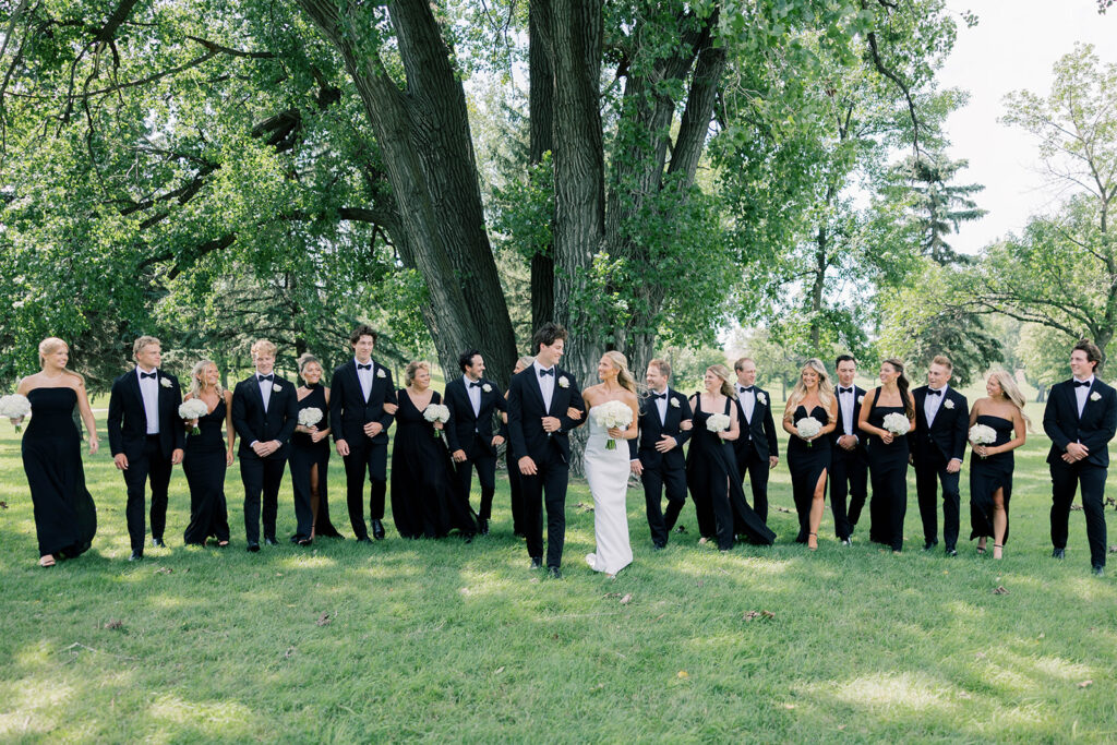 Bride and groom + wedding party, black and white wedding colors