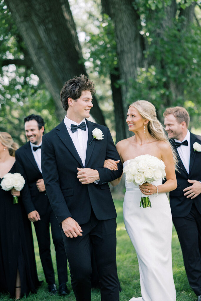 Bride and groom + wedding party, black and white wedding colors