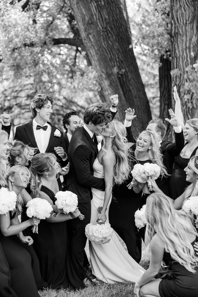 Bride and groom + wedding party, black and white wedding colors