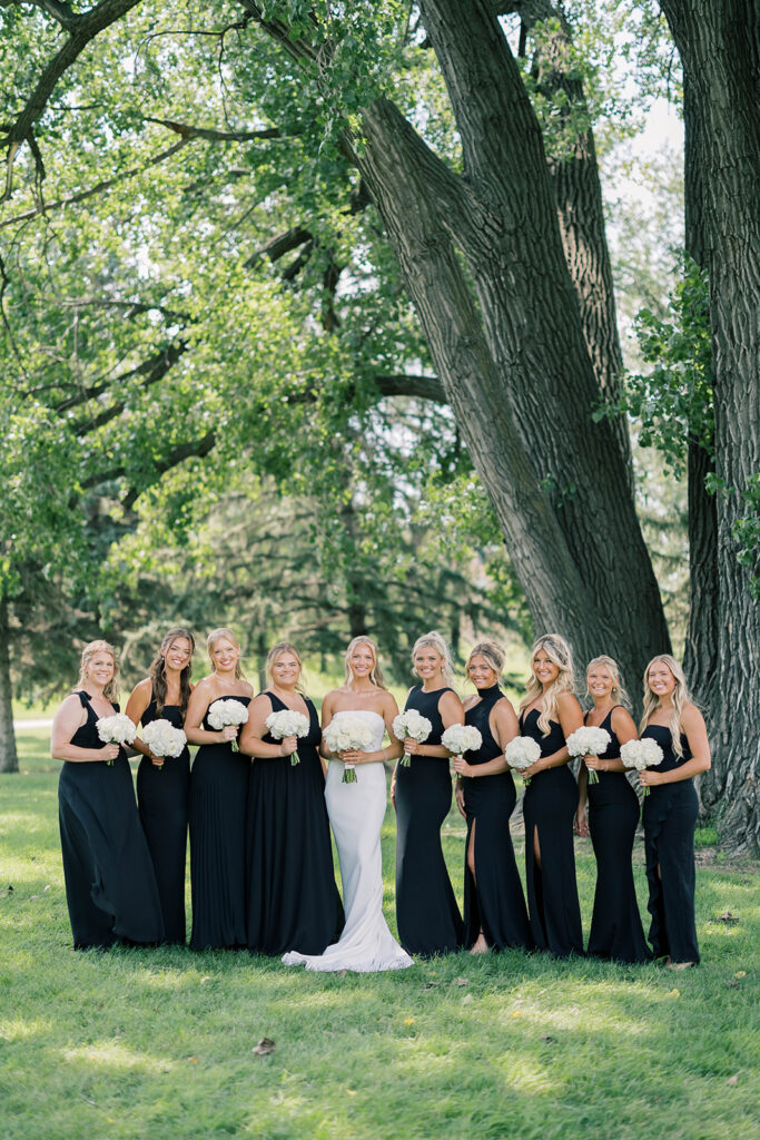 Bride and groom + wedding party, black and white wedding colors