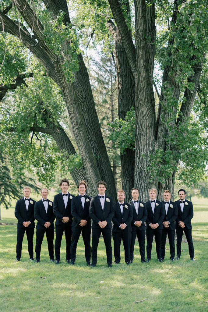 Bride and groom + wedding party, black and white wedding colors