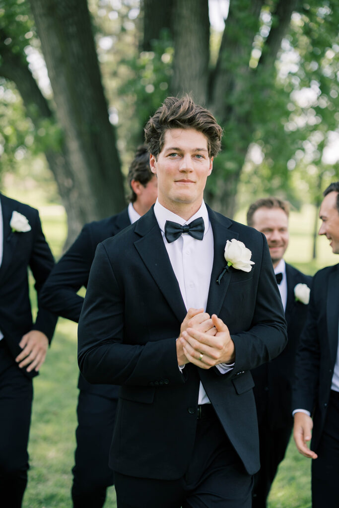 Bride and groom + wedding party, black and white wedding colors