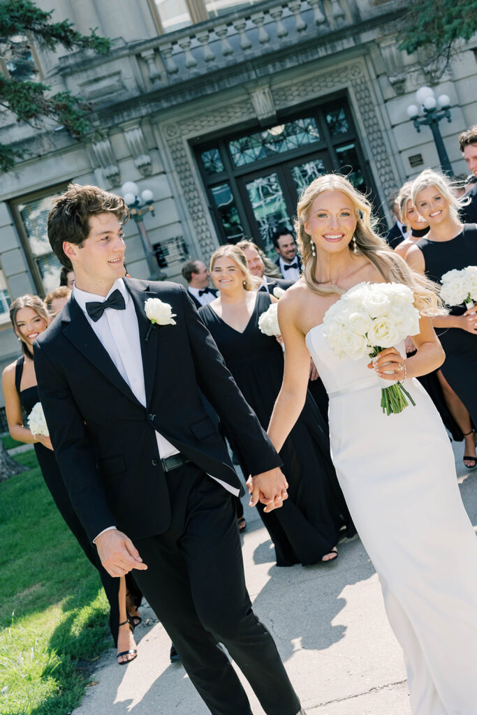 Bride and groom + wedding party, black and white wedding colors