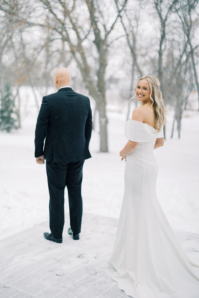 bride and groom first look at an intimate wedding 