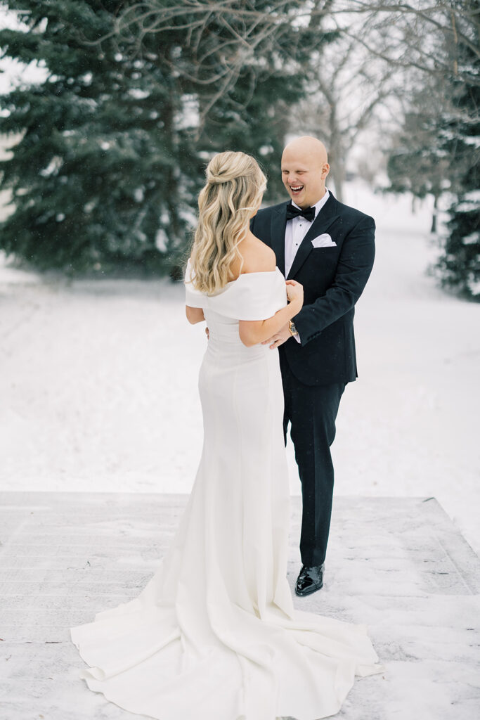 bride and groom first look at an intimate wedding 
