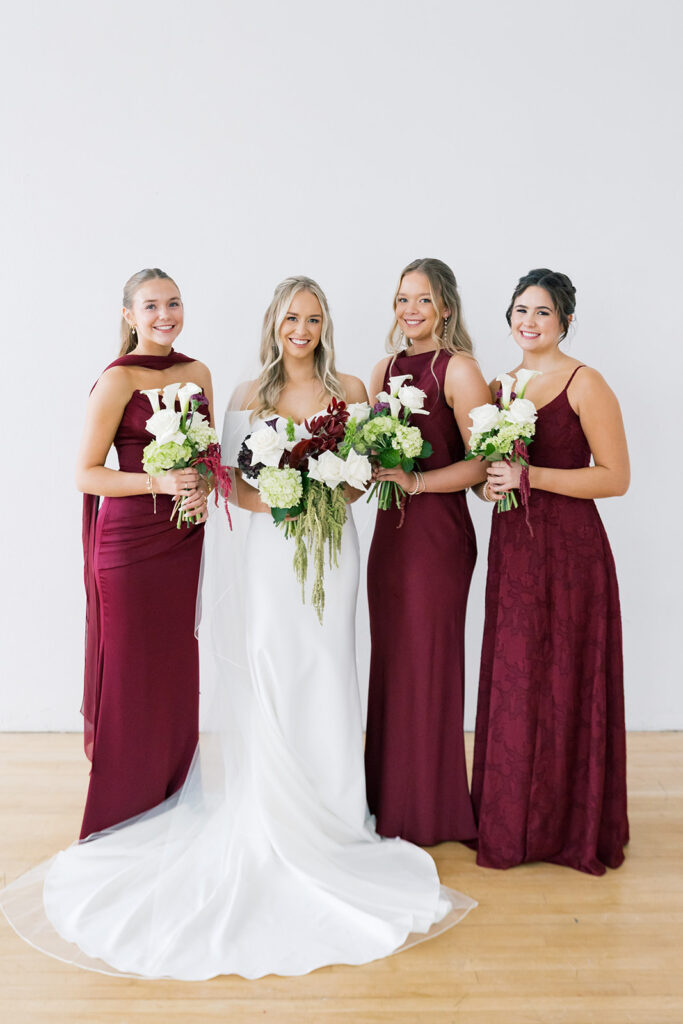 wedding florals deep winter colors bridesmaid dress