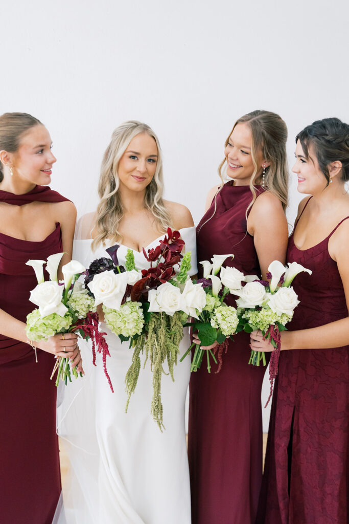 wedding florals deep winter colors bridesmaid dress