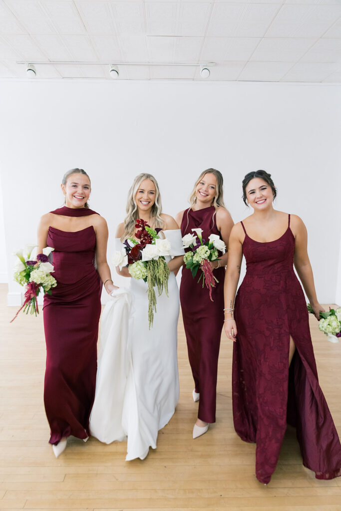 wedding florals deep winter colors bridesmaid dress