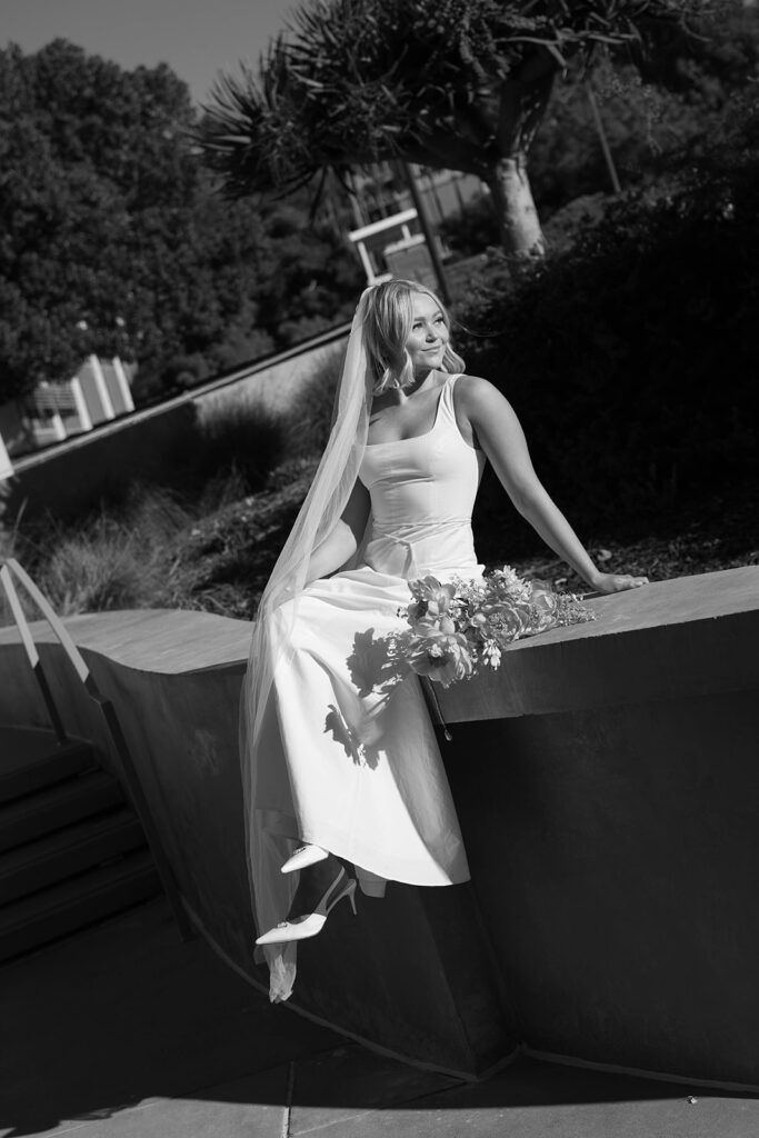 Bride  at Scripps Seaside beach during an intimate elopement
