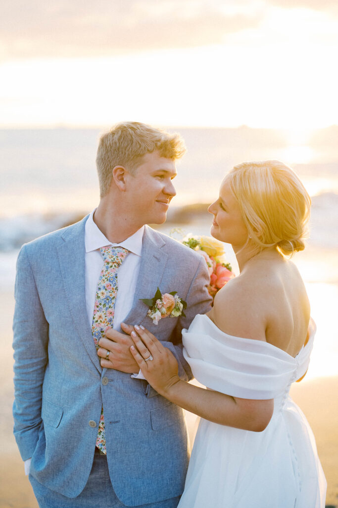 bride and groom beach wedding, maui, hawaii, at sunset