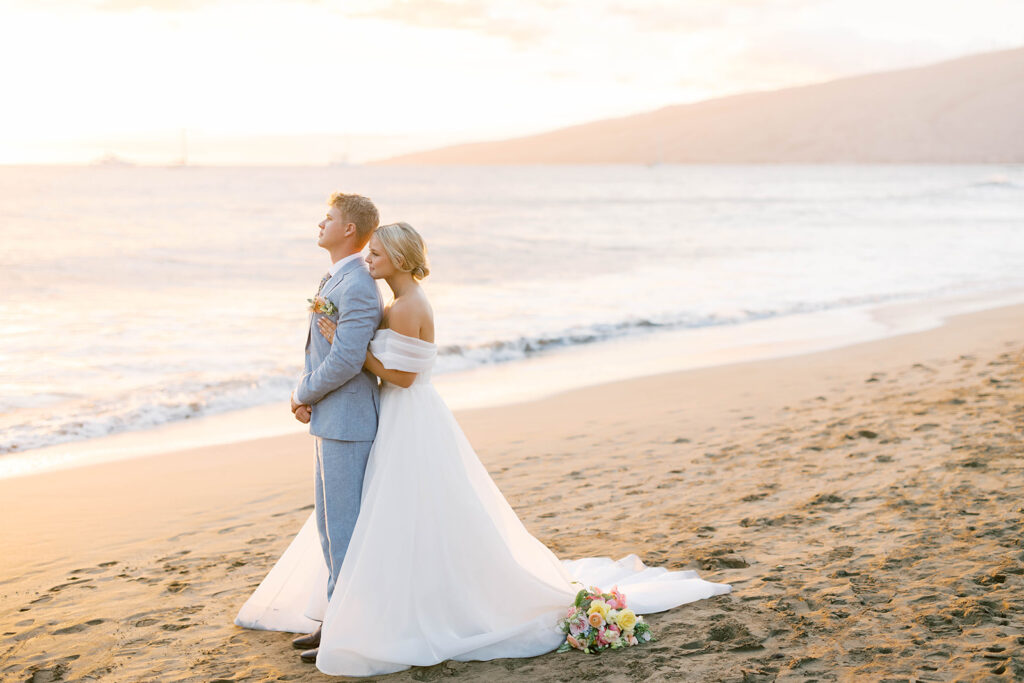 bride and groom beach wedding, maui, hawaii, at sunset