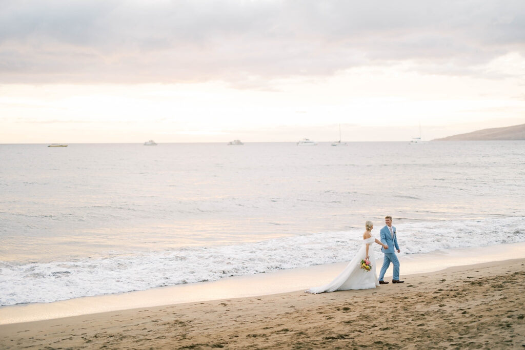 bride and groom beach wedding, maui, hawaii, at sunset