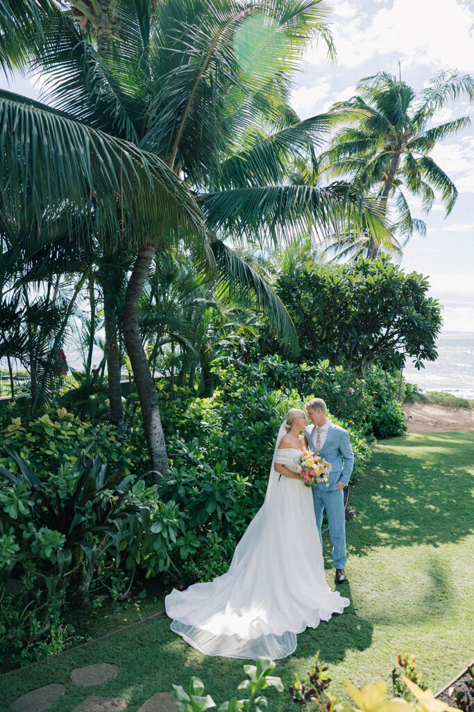 Bride and groom first look in hawaii, maui wedding