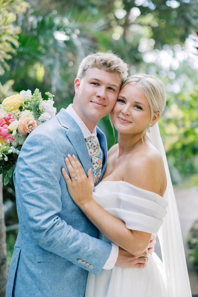 Bride and groom first look in hawaii, maui wedding, close up 