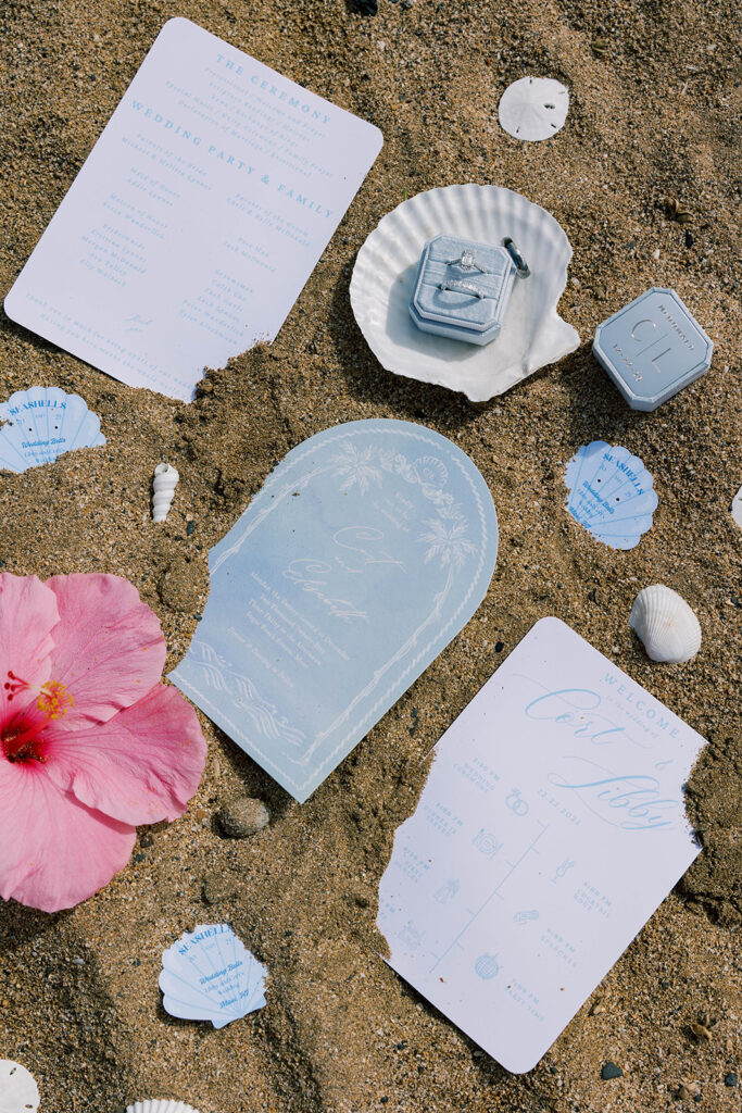 hawaii beach wedding details, rings, flat lay 