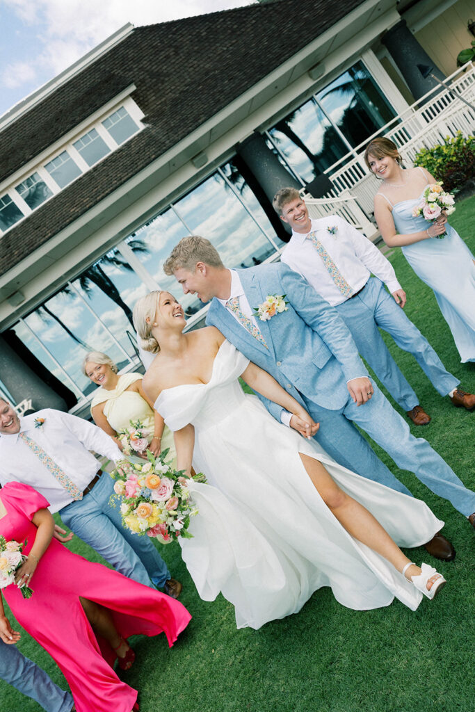 bride and bridesmaids, colorful bridesmaid dresses, wedding party