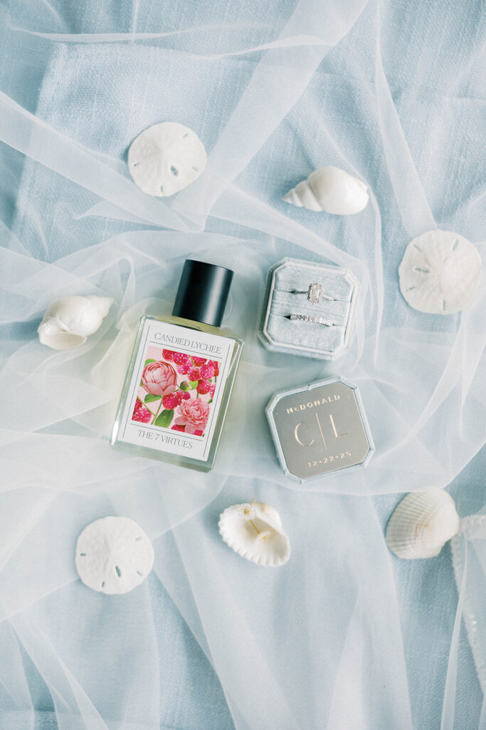 hawaii beach wedding details, rings, flat lay 