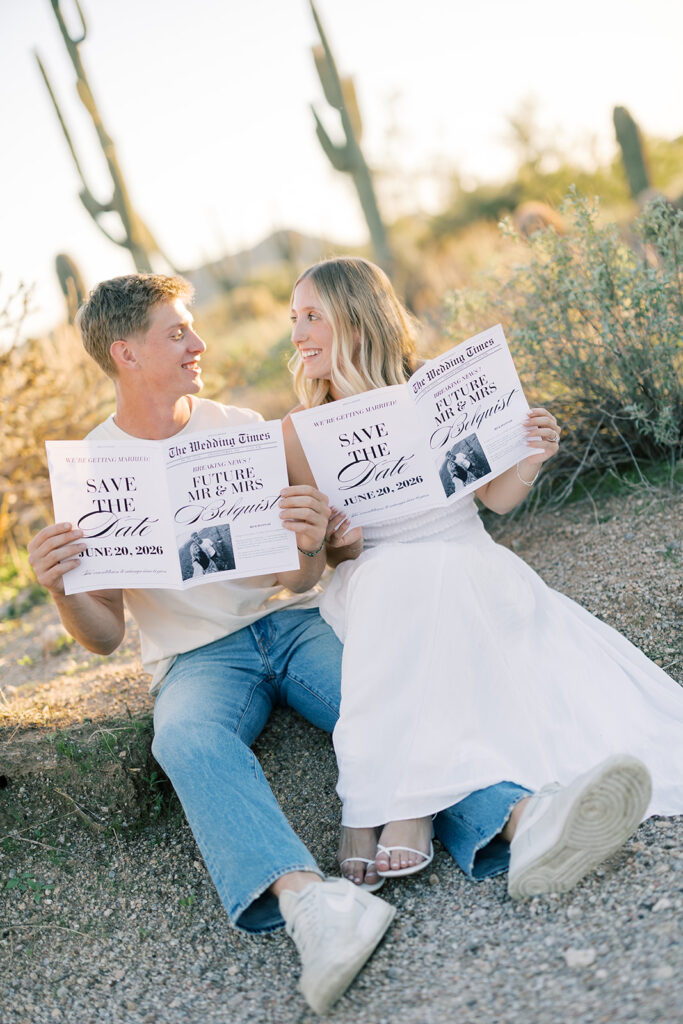 engagement session location idea, couple sitting in the desert