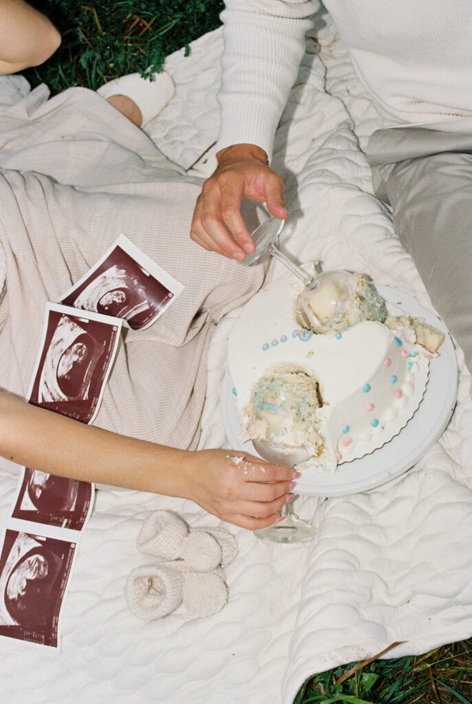 Maternity Session, ultrasound photos and cake on a picnic blanket