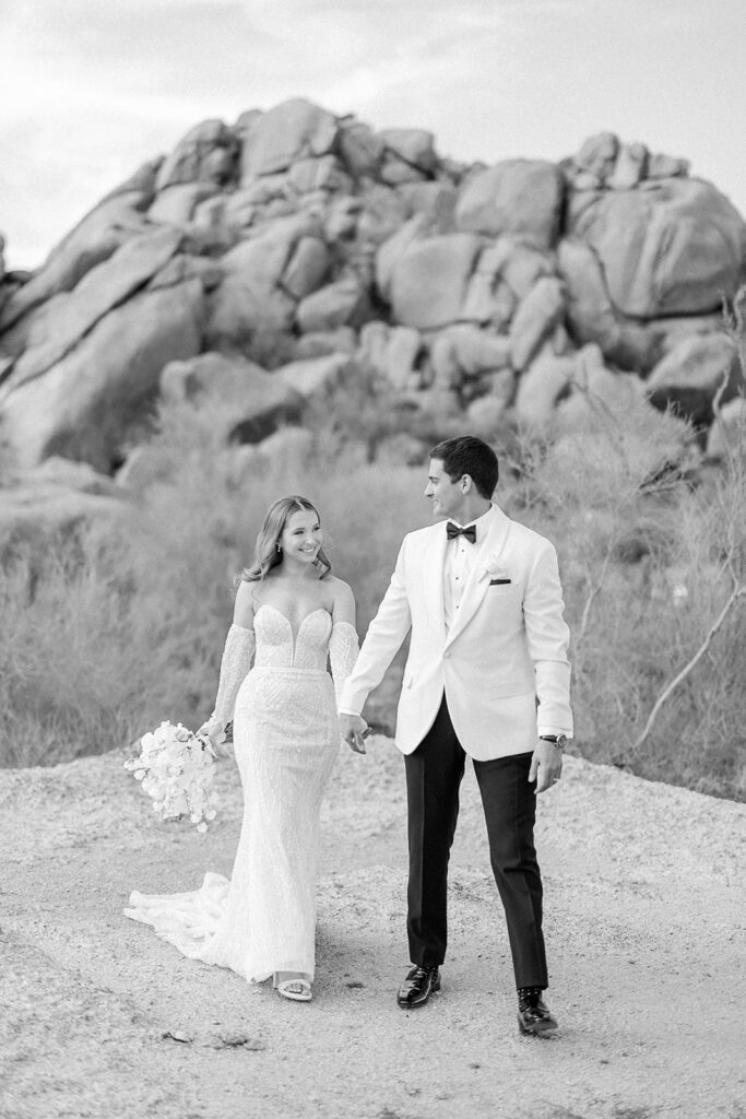 Scottsdale Wedding, black and white bride and groom portrait in the desert