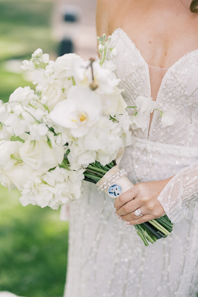 Scottsdale Wedding, detail shot of brides dress and flowers
