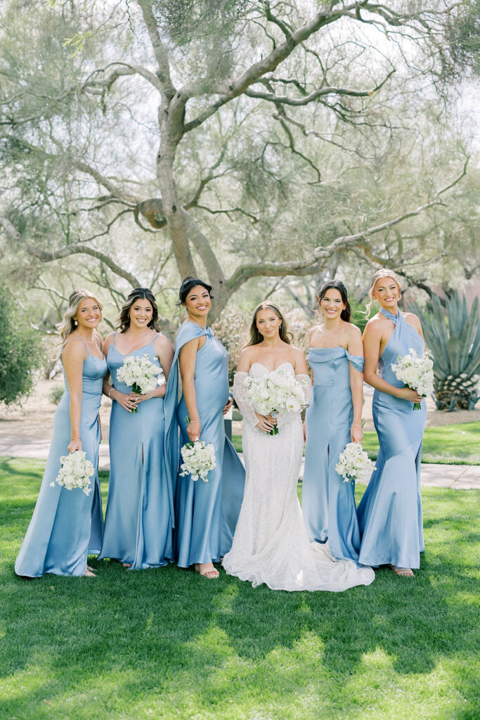 Scottsdale Wedding, bridesmaids in blue dresses and bride