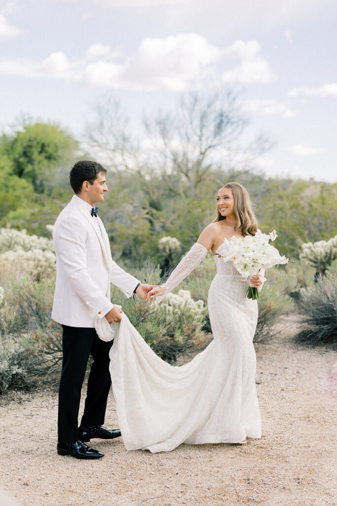 Scottsdale Wedding, bride and groom portrait in the desert