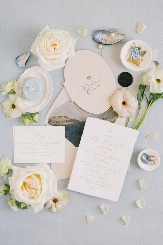 blue and cream flat lay details