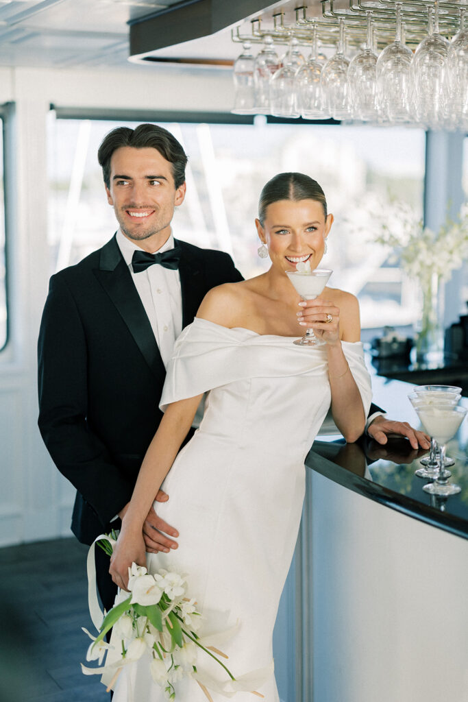 bride and groom portrait on boat
