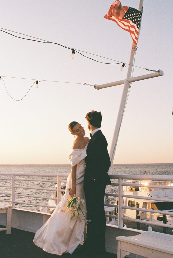 bride and groom portrait on boat