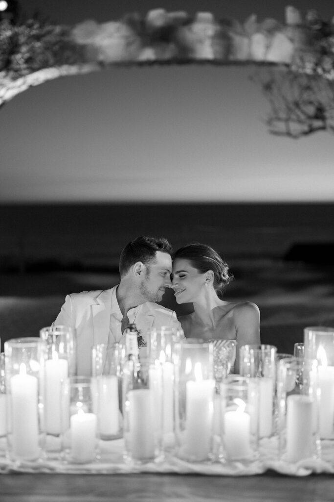 b&w bride and groom at the reception