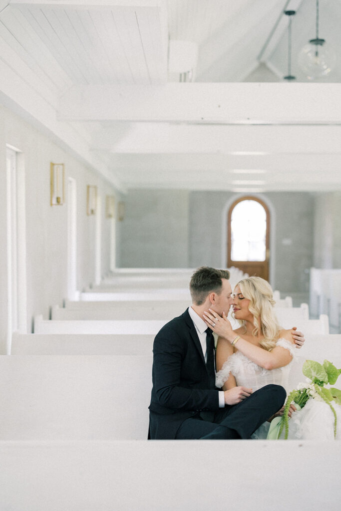 bride and groom portrait in church