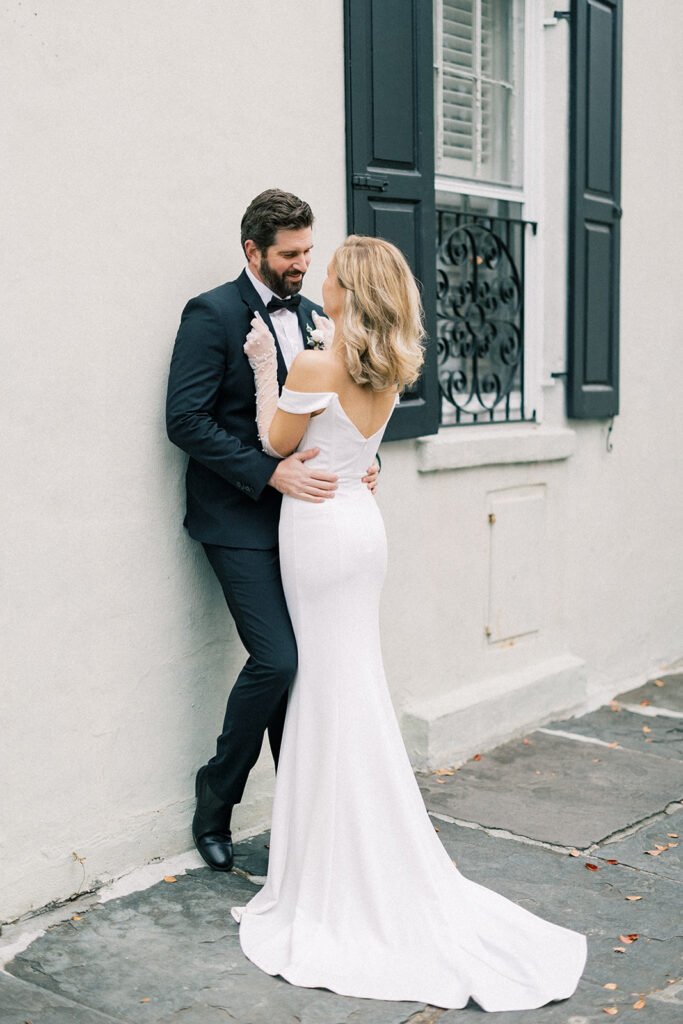 bride and groom portraits in the french quarter in charleston