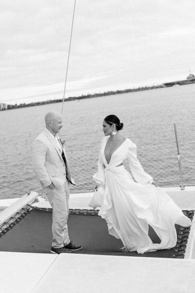 bride and groom portrait on a boat