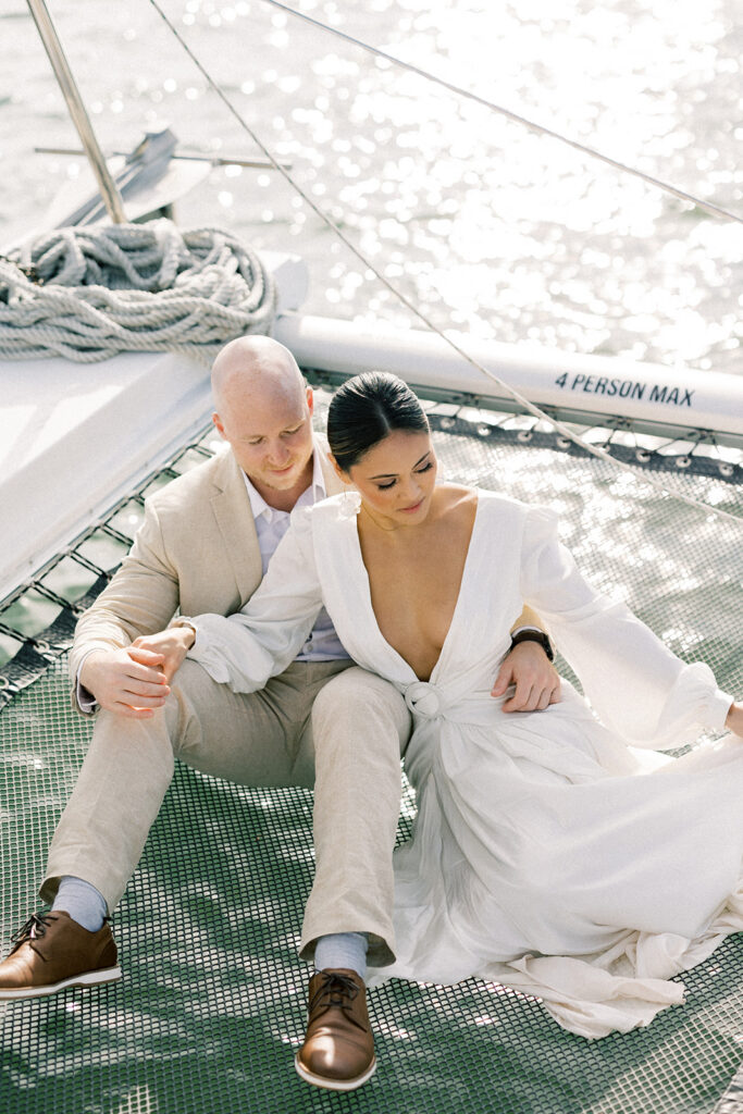 bride and groom portrait on a boat