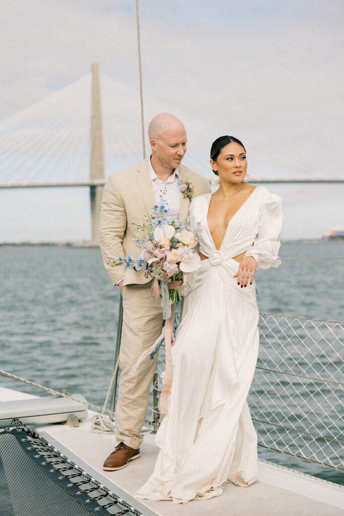 bride and groom portrait on a boat