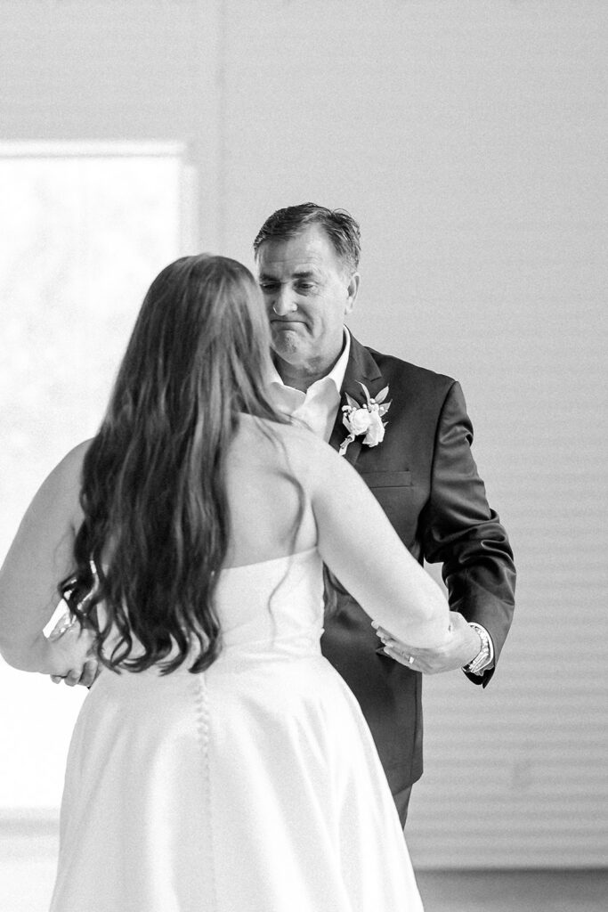 B&W First look Bride and Dad