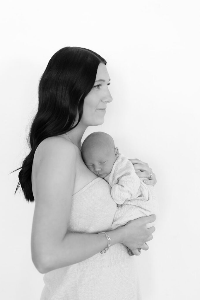 black and white newborn and mom portrait