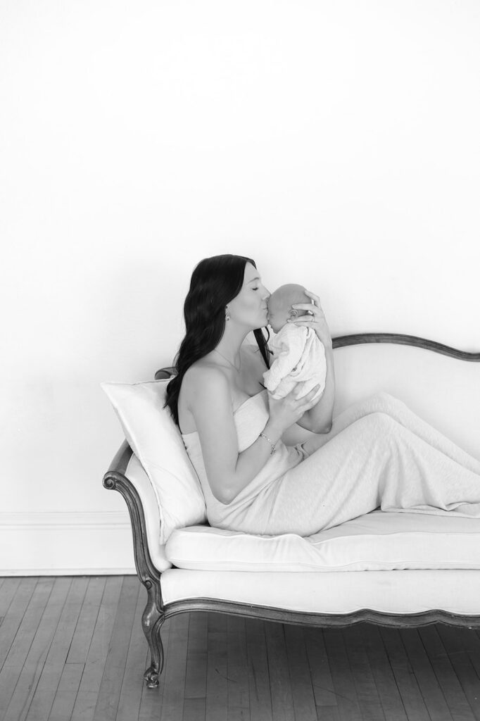 black and white newborn and mom portrait